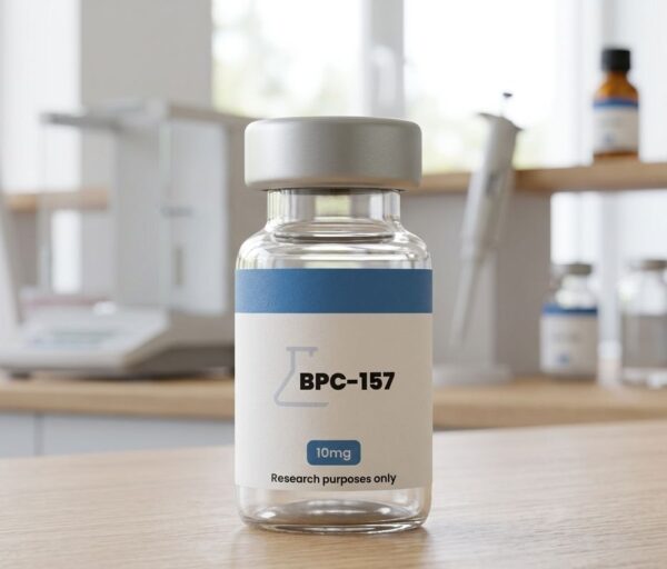 A glass vial of BPC 157 peptide powder next to a sterile syringe, used for research into tissue healing and recovery.