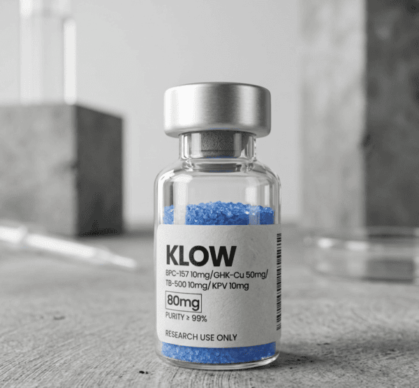 Scientific vial of KLOW peptide blend for research, featuring GHK-Cu and BPC-157 for tissue repair and inflammation modulation.