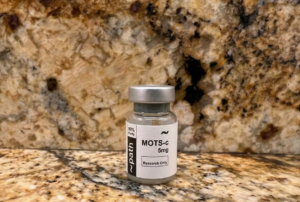 Vial of MOTS-c peptide showing a 5mg white powder concentration, ideal for users looking to buy MOTS-c dosage information for metabolic health.
