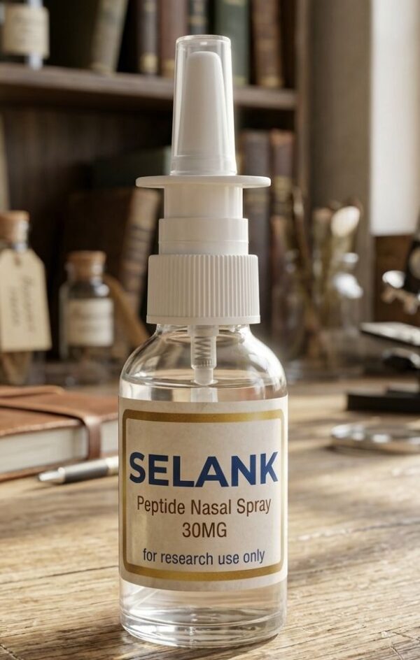 A detailed scientific illustration highlighting the various Selank peptide benefits on the brain, including anxiety reduction, cognitive enhancement, and immune support.