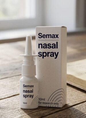 A bottle of Semax nasal drops nootropic sitting on a clean, white surface.