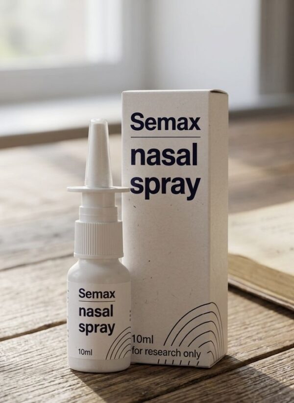 A bottle of Semax nasal drops nootropic sitting on a clean, white surface.
