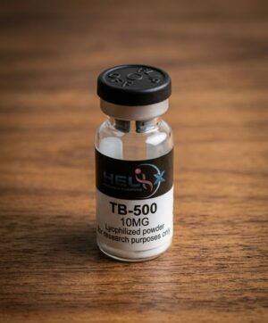 A glass vial of TB 500 peptide for research, showing a white lyophilized powder on a clean laboratory surface.