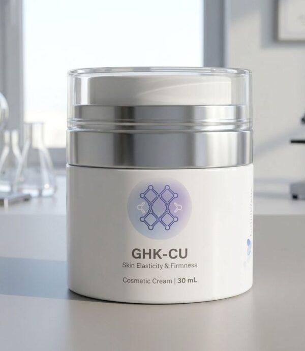 A detailed 3D molecular structure of the GHK-Cu peptide copper complex against a clean laboratory background.