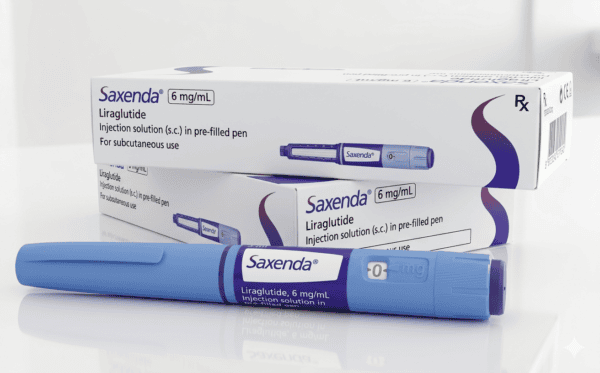 A person holding a prefilled injection pen to demonstrate medical saxendaweight loss management routines.