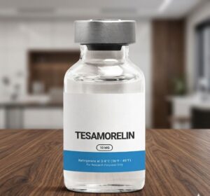 ​A medically accurate 3D molecular structure of the tesamorelin peptide chain against a clean, professional lab background.
