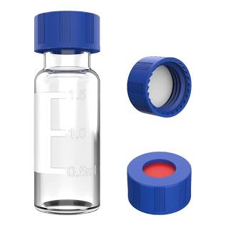Clear glass chromatography vial featuring metric volume graduations and a blue screw cap, optimized for research laboratories seeking to buy high purity peptides EU.